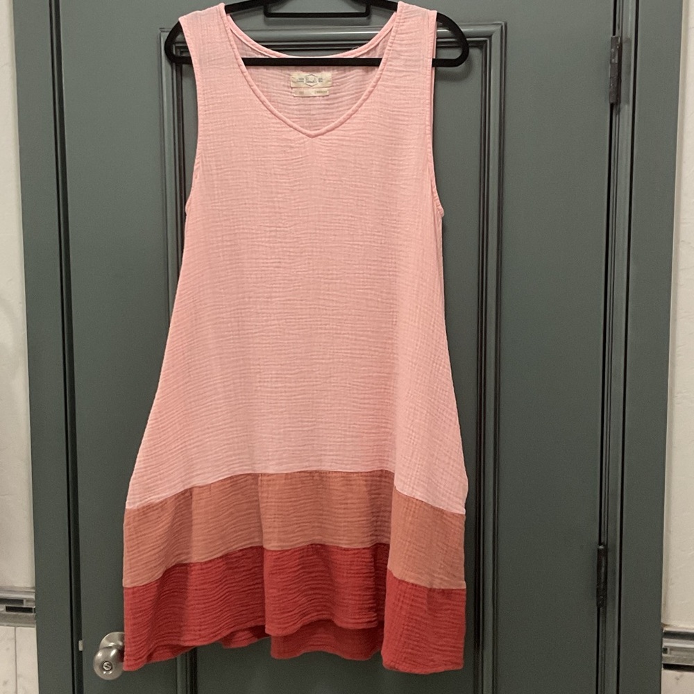 Purnell 100% cotton Light Peach Tiered Mini Dress with brown & rust  Accents